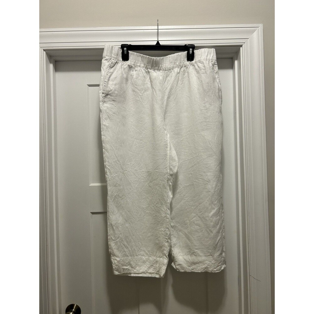J. Jill Women's Pants Size XL White 100% Linen Wide Leg Cropped Length Pockets